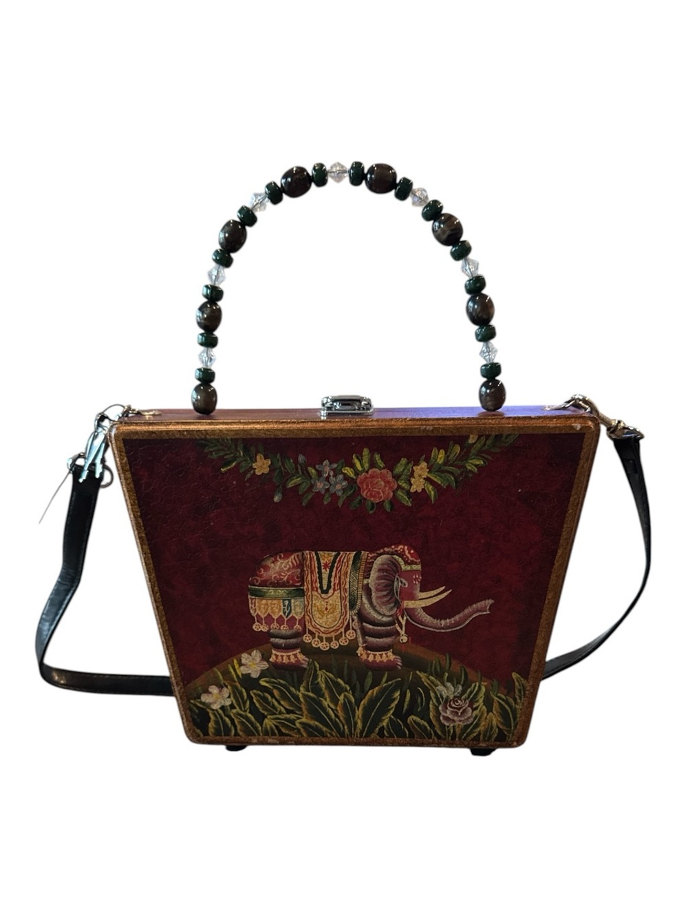Hand Painted Elephant Wood Box Bag Burgundy Multi Beaded Handle Boho Folk Art